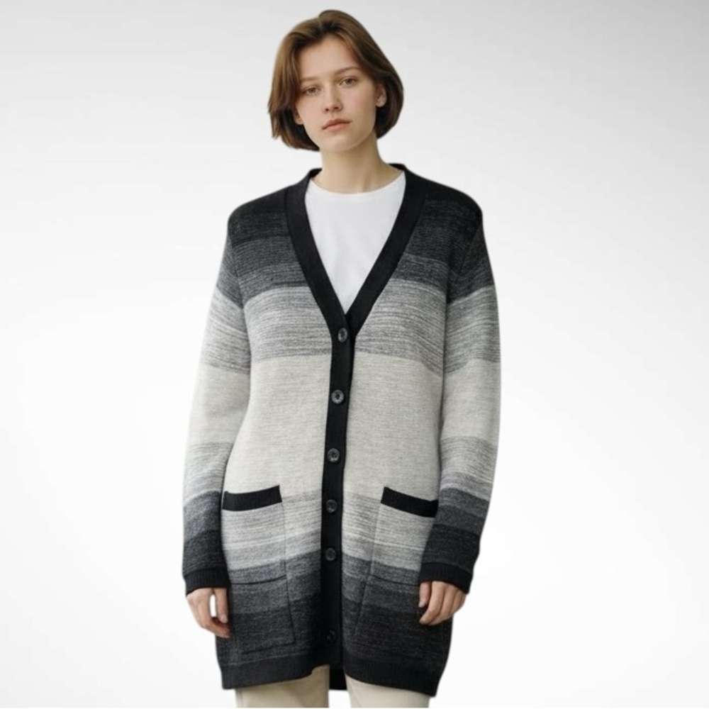Hannah Wool-Blend Ombre Cardigan Sweater V-Neck Long Sleeves